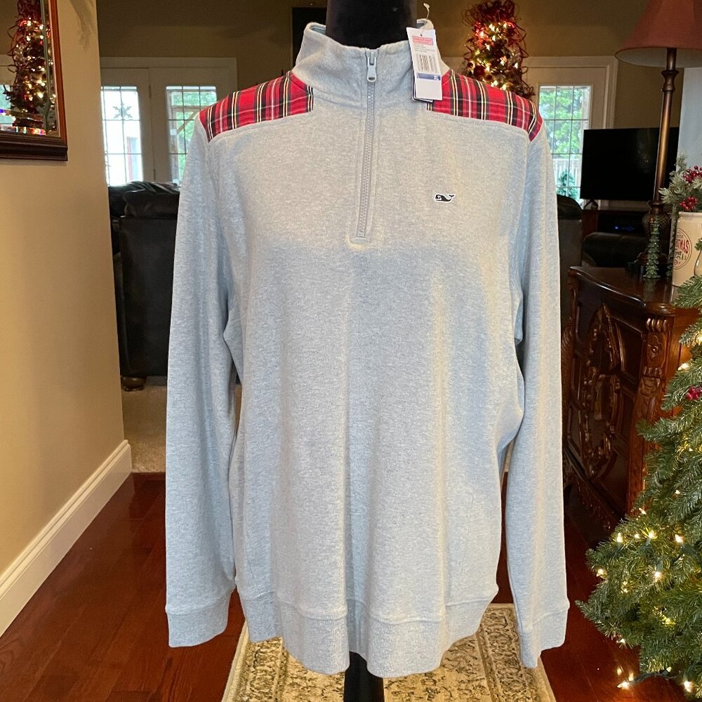 NWT Women's XL VINEYARD VINES Grey Heather Tartan Plaid 1/4 Zip